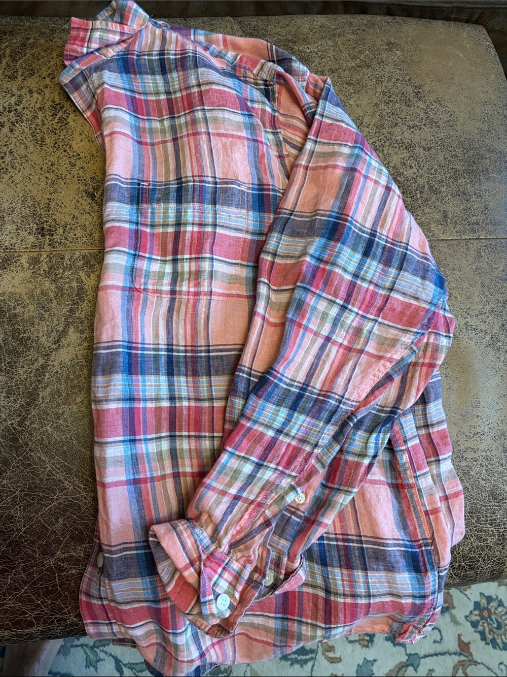 Caribbean 💯Linen Pink & Blue Plaid Button-Down Shirt